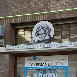 Lettrage et dessin style gravure sur panneaux découpés, peints à l'émail - Pharmacie Bracke - Rue Eugène Ysaÿe et Ludwig Van Beethoven - Anderlecht
