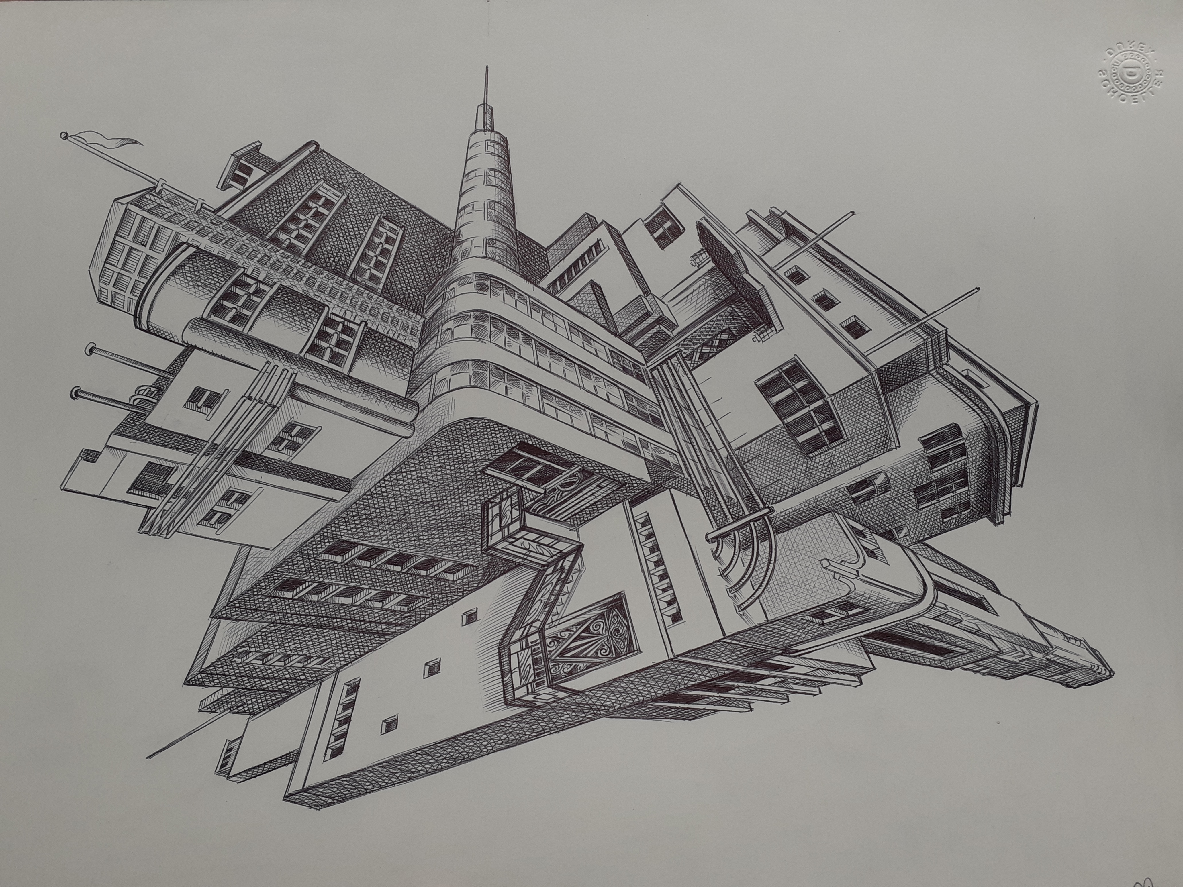 Dessin au stylo bille, Bruxelles style Art Déco