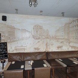 Fresque murale, place de Brouckère, en 1920 d’après 3 gravures et mise en perspective unique. Restaurant Le Grill à Evere