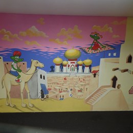 Aladdin : Création et réalisation de fresques murales. Parc Indoor Kids Fantasy Land à Linkebeek